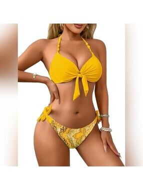 NWOT ShawGobow Two Piece Push Up Tie Halter Boho Cheeky Bikini Swimsuit, L (6-8)